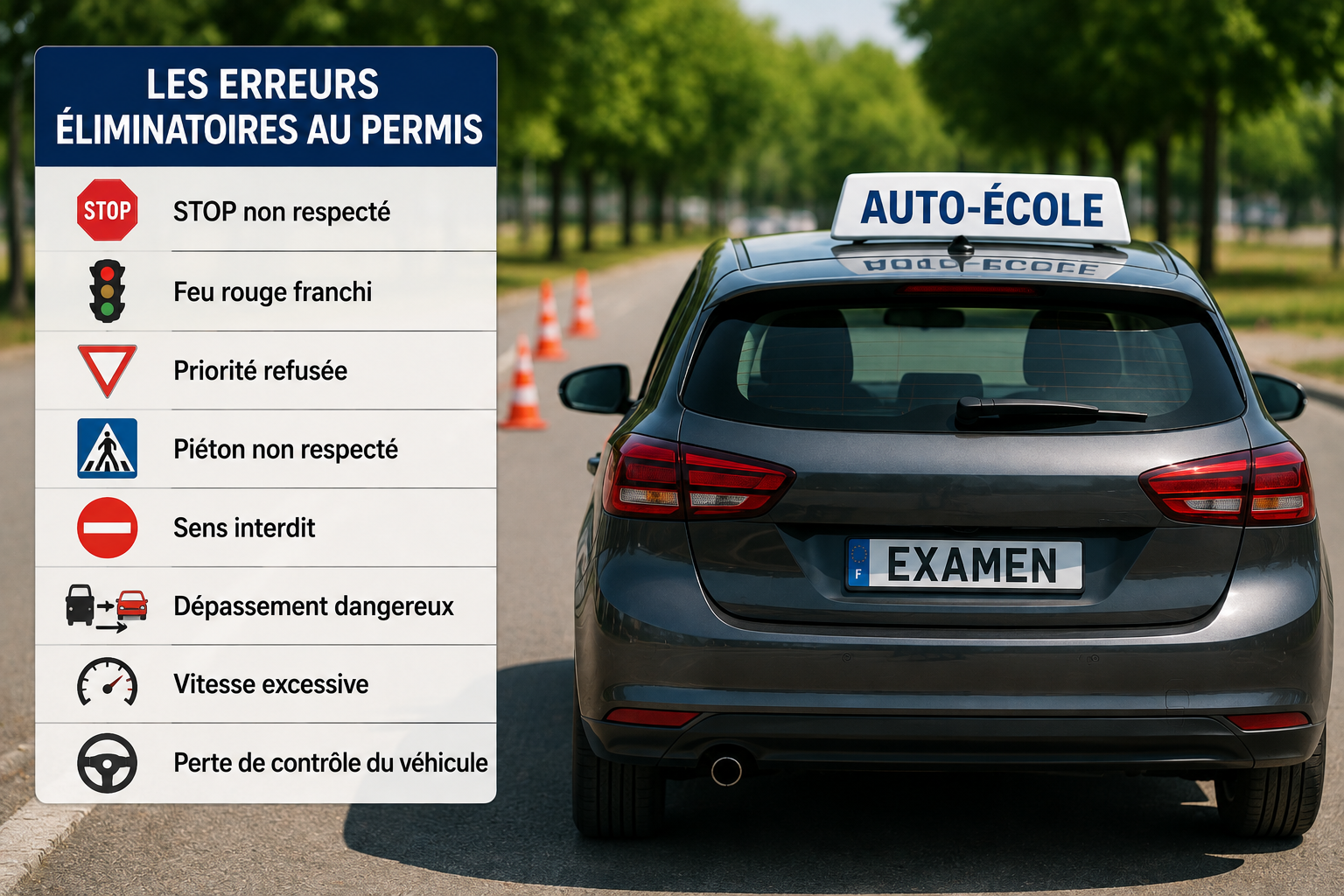 Voiture d'auto-école et liste des principales fautes éliminatoires au permis