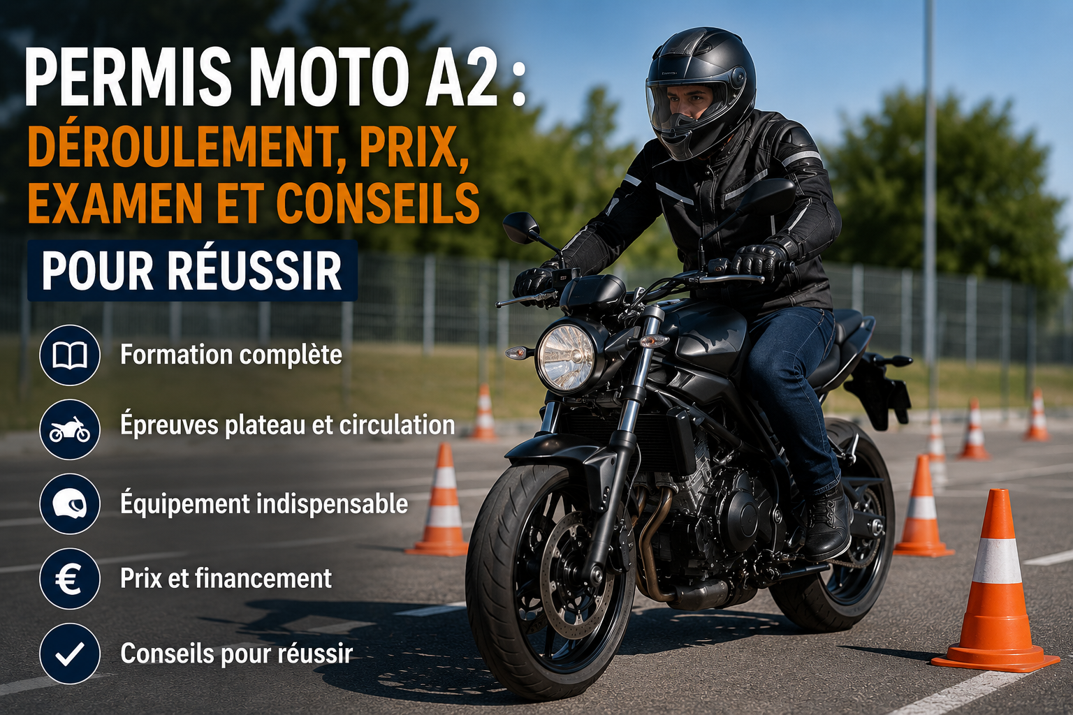 Motard en équipement complet réalisant un exercice de plateau entre des cônes