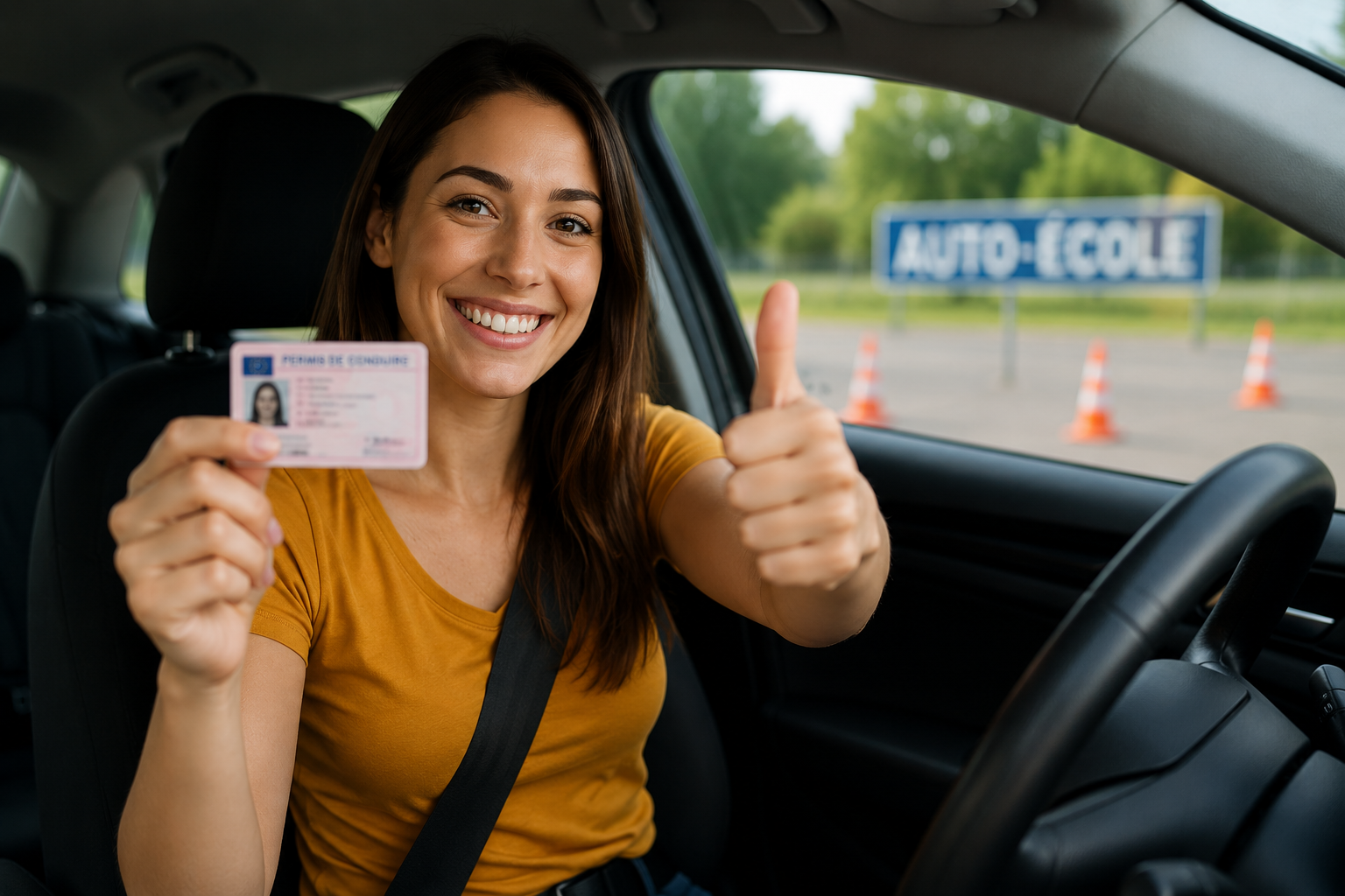 Jeune conductrice montrant son permis de conduire obtenu après sa formation
